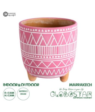 GloboStar® Artificial Garden MARRAKECH 20505 Διακοσμητικό Κεραμικό Κασπώ Γλάστρα - Flower Pot Ροζ με Λευκό Φ16 x Υ16cm